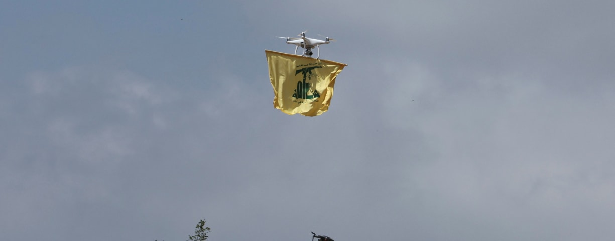  A drone carries a Hezbollah flag, May 21, 2023