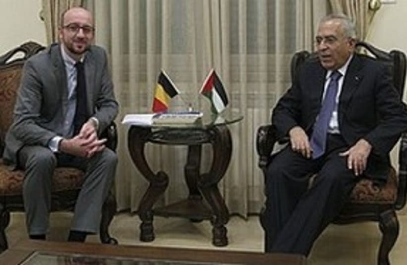 Belgian Minister Michel meets Fayyad in Ramallah, Sunday (photo credit: AP)
