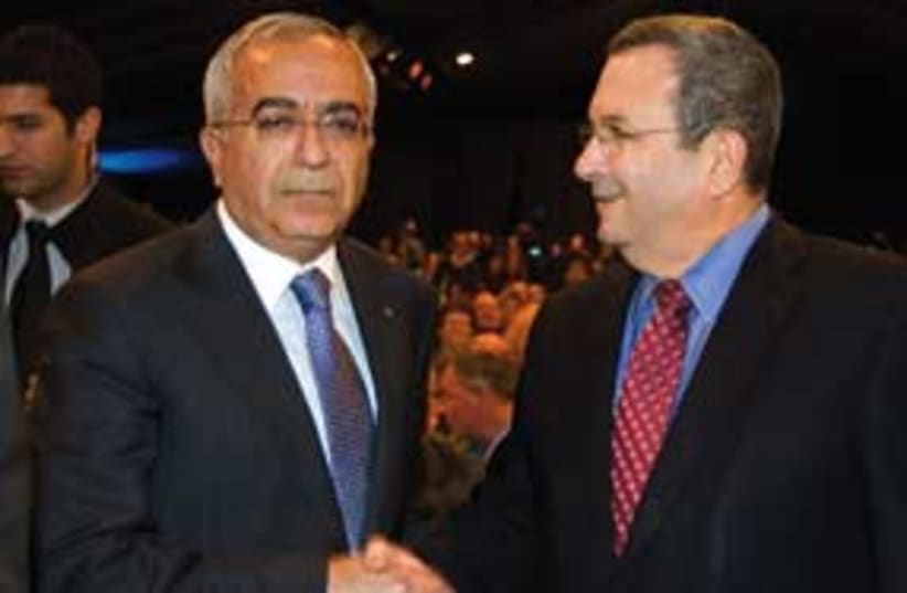 Ehud Barak and Salam Fayyad 311 ap (photo credit: Associated Press)