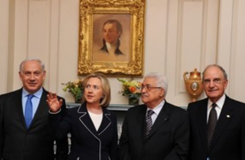 311_Netanyahu, Clinton cat claw, Abbas and Mitchell (photo credit: Associated Press)