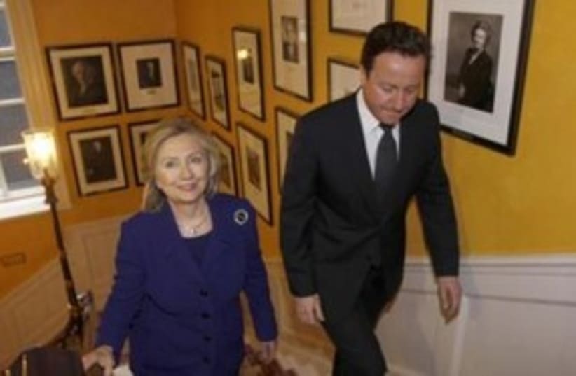 US Secretary of State Clinton with UK PM Cameron 311 (R) (photo credit: REUTERS/Suzanne Plunkett)