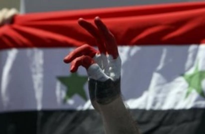 Syrian protester against flag 311 (R) (photo credit: REUTERS/Muhammad Hamed)