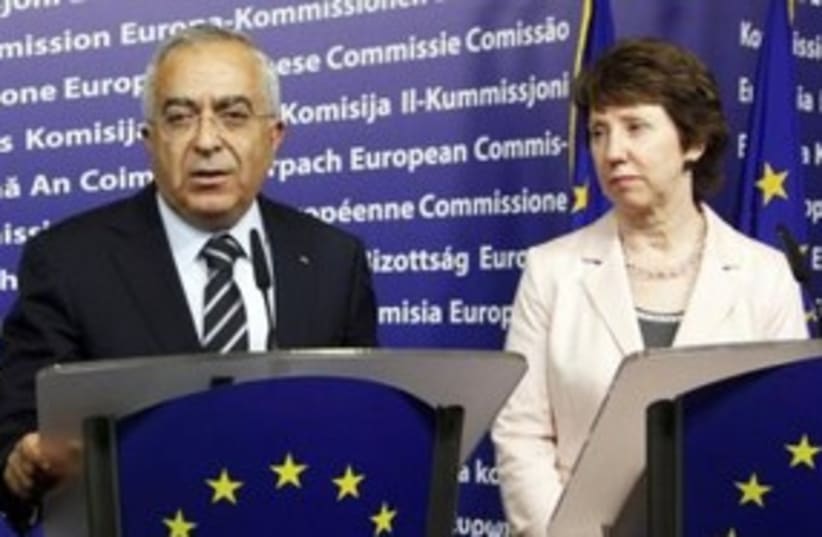 PA Prime Minister Fayyad with EU Catherine Ashton 311 (R) (photo credit: REUTERS/Thierry Roge)