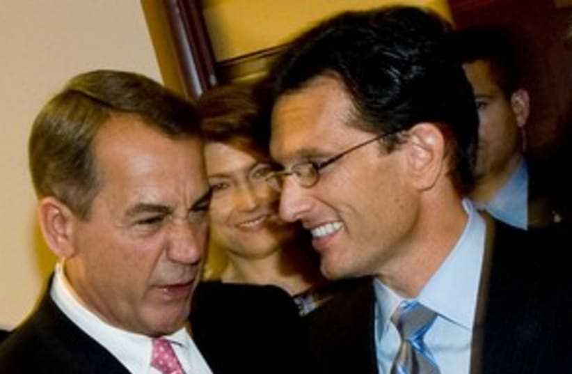 John Boehner shakes hands with with Eric Cantor  (photo credit: REUTERS/Jonathan Ernst)