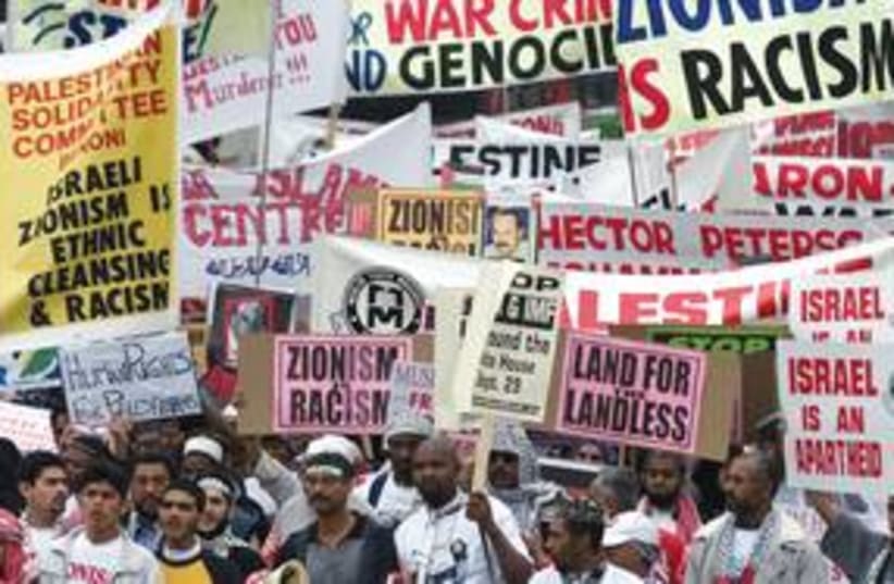 Demonstrators outside 2001 Durban Conference 311 (R) (photo credit: REUTERS)