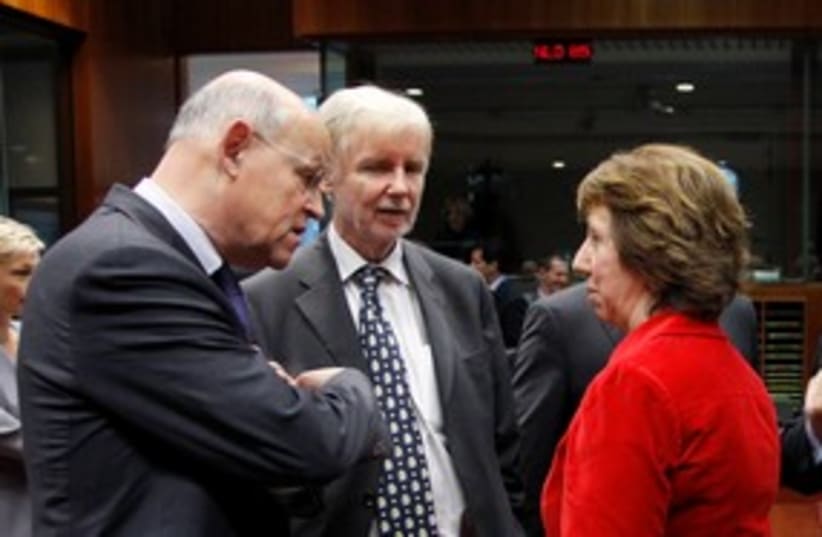 Catherine Ashton talks with EU foreign ministers 311 (R) (photo credit: REUTERS/Thierry Roge)