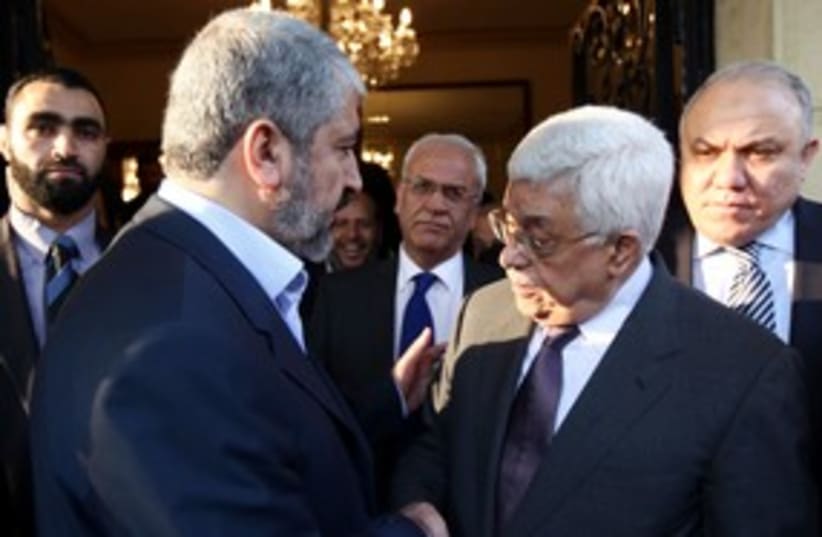 Abbas meets Mashaal in Cairo 311 (R) (photo credit: REUTERS/Mohamed Al Hams/Handout)