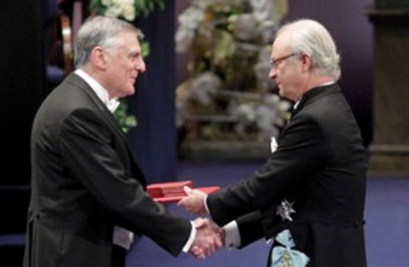 Prof. Dan Shechtman receiving the Nobel Prize 311 (R) (photo credit: REUTERS/Ints Kalnins)