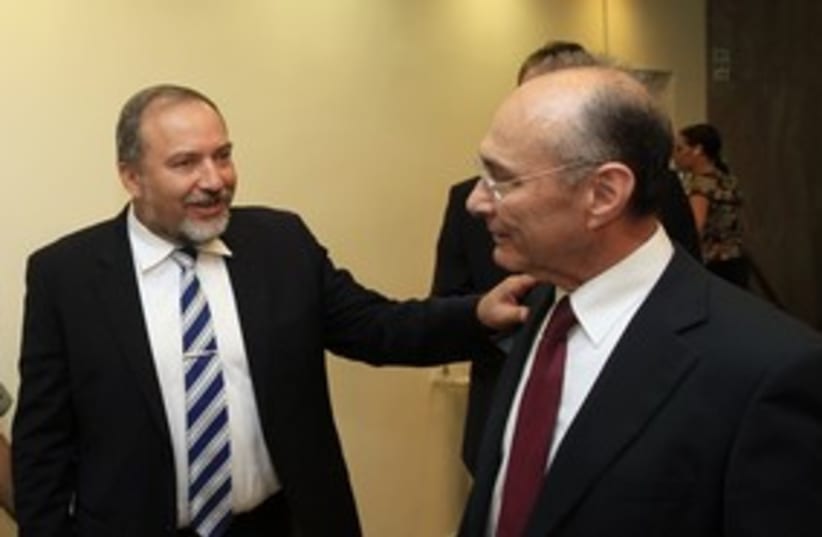 Uzi Landau (R) and Avigdor Lieberman (L)_311 (photo credit: Reuters)
