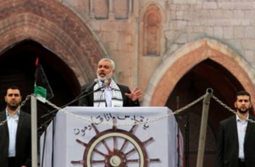 Haniyeh delivers speech at rally 311 R (photo credit: REUTERS)
