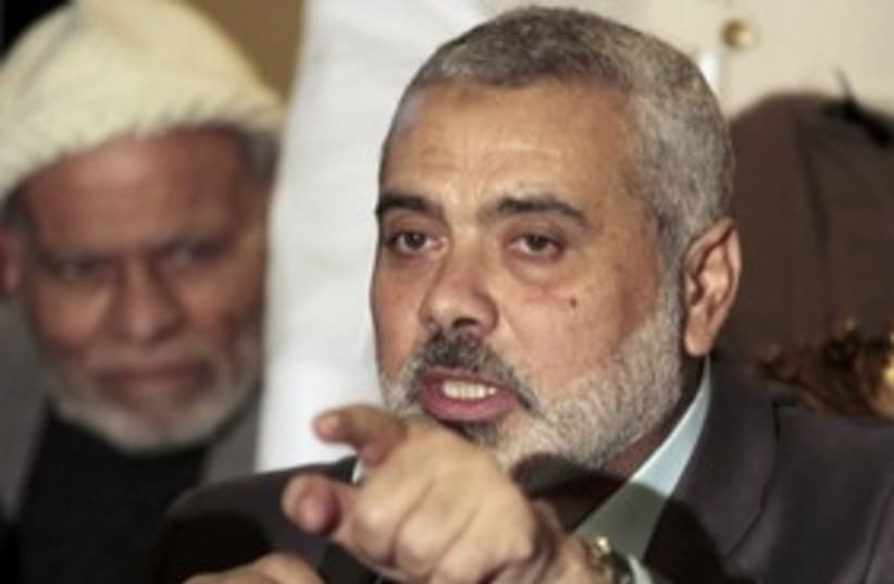 Ismail Haniyeh in Egypt, talking_311 (photo credit: Reuters)