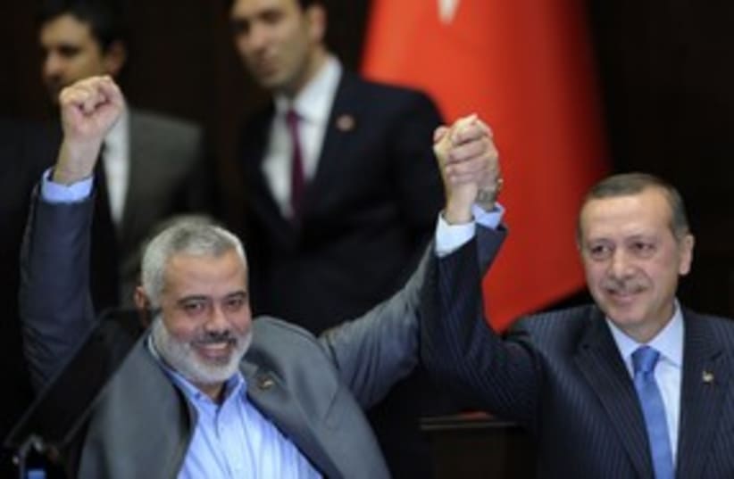 Hamas PM Ismail Haniyeh, Turkish PM  Erdogan_311 (photo credit: Stringer/Reuters)