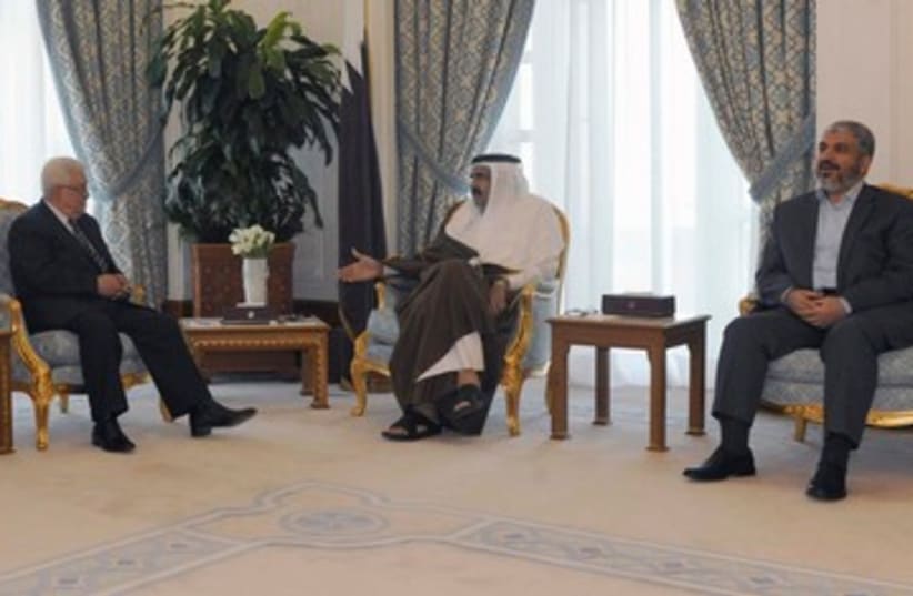 PA President Abbas meets Hamas chief Mashaal in Qatar 390 R (photo credit: REUTERS/Thaer Ghanaim/PPO/Handout)