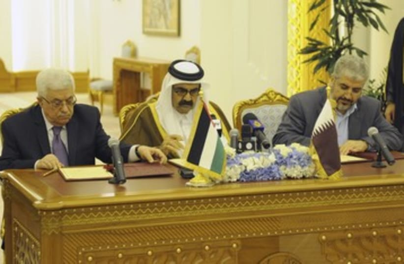 Abbas, Qatar's al-Thani, and Mashaal_390 (photo credit: Reuters)