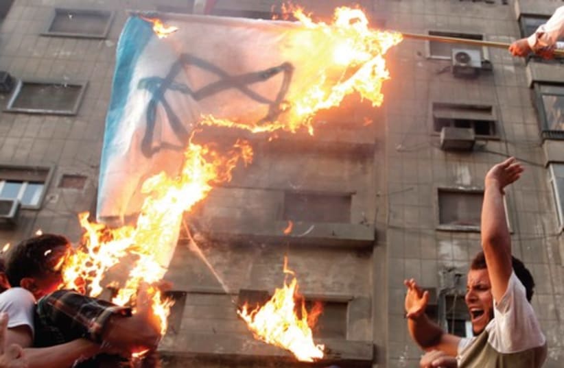 Protesters burn Israel flag at embassy, Cairo_521 (photo credit: Reuters)