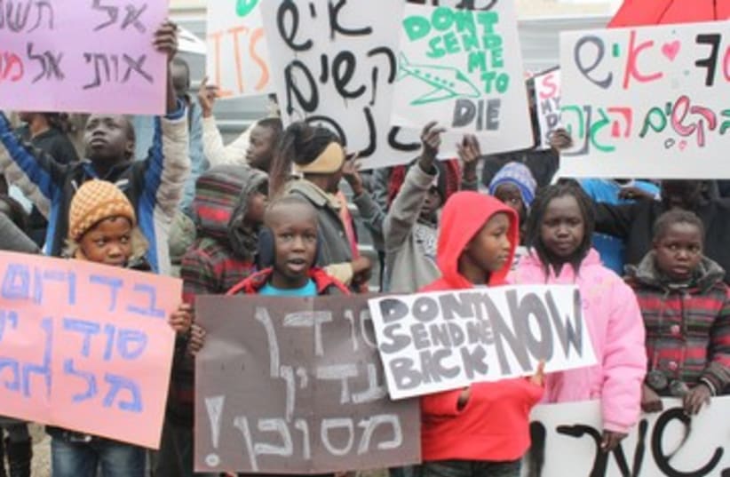 South Sudanese kids protest outside UNHCR office 390 (photo credit: Ben Hartman)