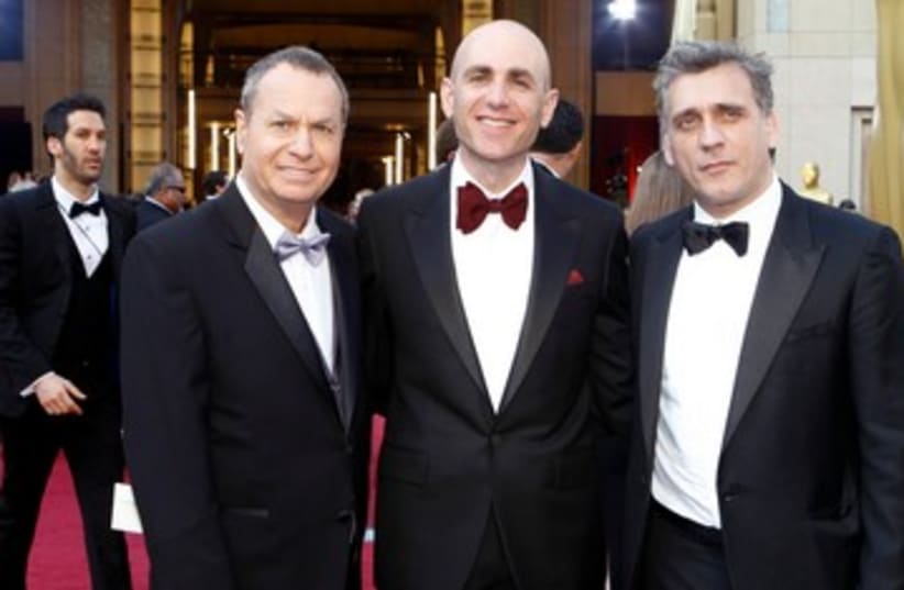 Joseph Cedar, Shiomo Bar-Aba and Lior Ashkenazi at Oscar 390 (photo credit: REUTERS)