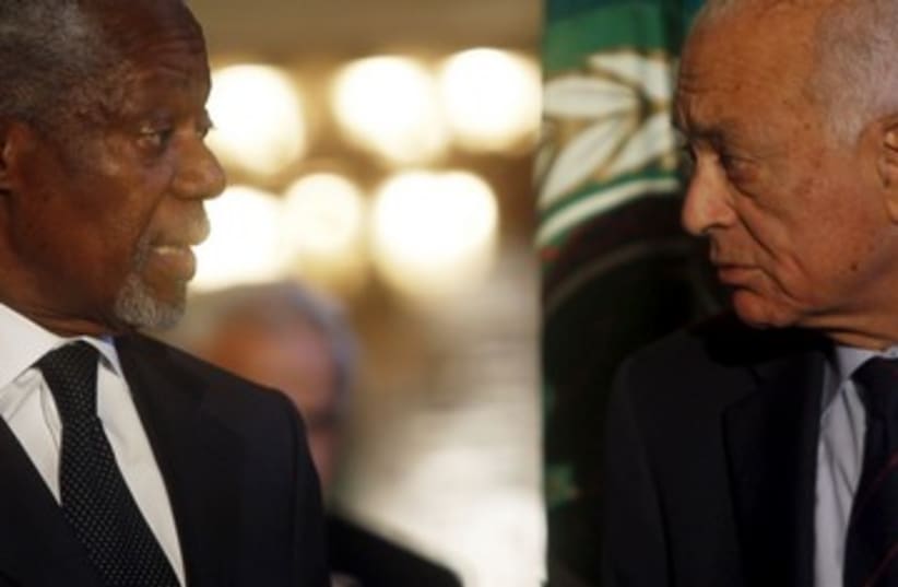 Kofi Annan and Arab League Secretary-General Nabil Al Araby  (photo credit: Reuters)