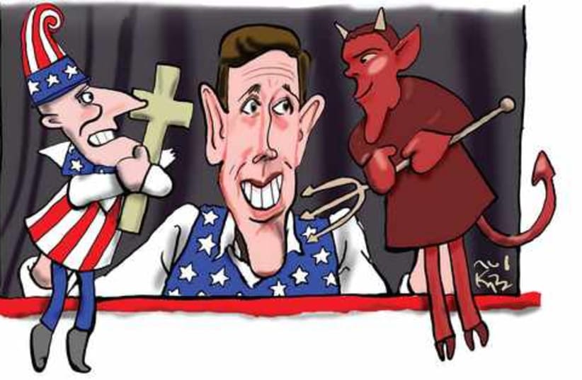 Satan and Santorum (photo credit: Avi Katz)