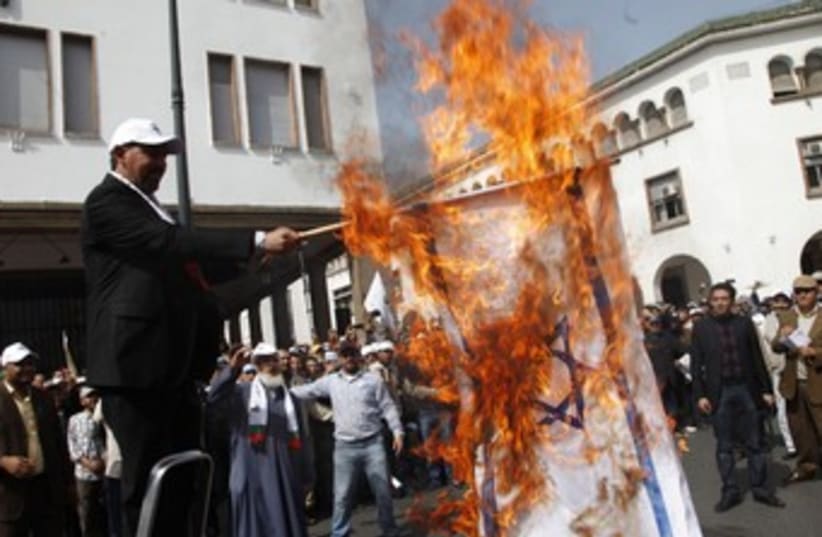 Anti-Israel protesters outside parliament in Rabat 370 R (photo credit: REUTERS)