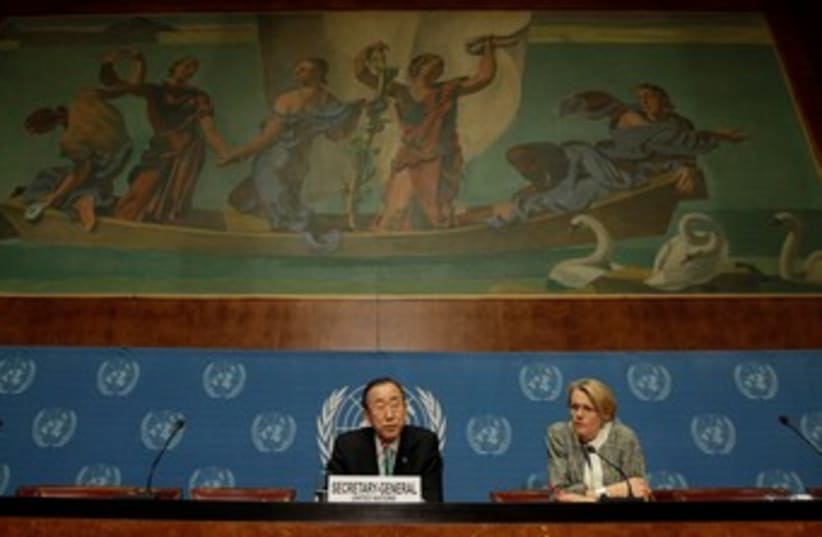 Ban Ki-moon, Corinne Momal-Vanian at UN in Geneva 370 (photo credit: REUTERS/Denis Balibouse)