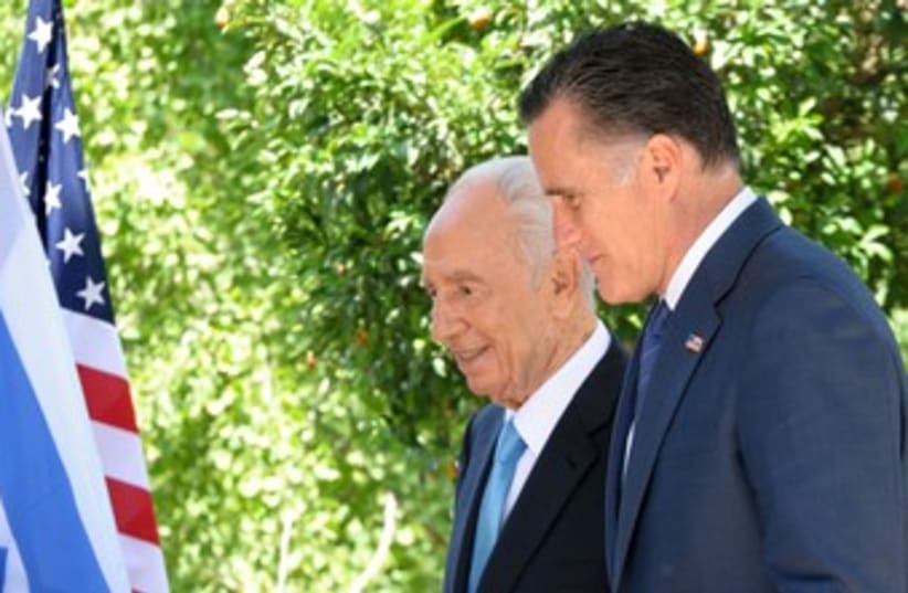 President Peres meets Mitt Romney in Jerusalem (photo credit: Moshe Milner/GPO)