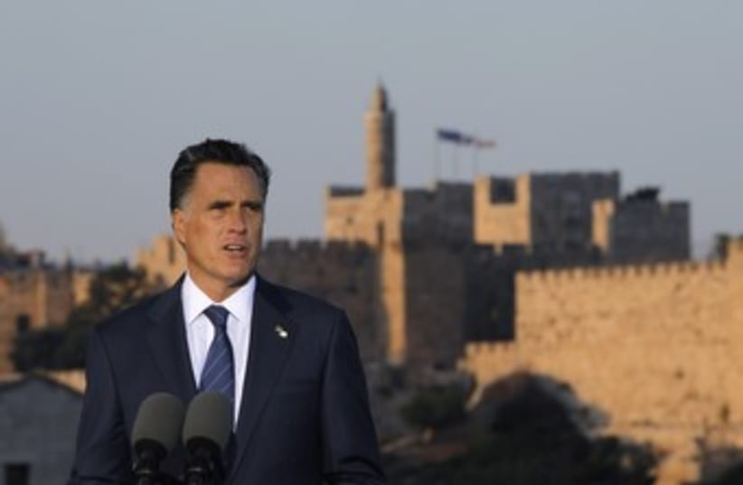 Mitt Romney delivers speech in Jerusalem 370 (R) (photo credit: Jason Reed / Reuters)