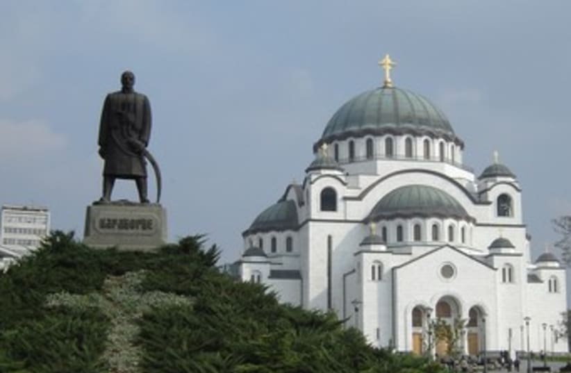 St. Sava cathedral in Belgrade, Karadjordje Petrovic statue  (photo credit: SETH J. FRANTZMAN)