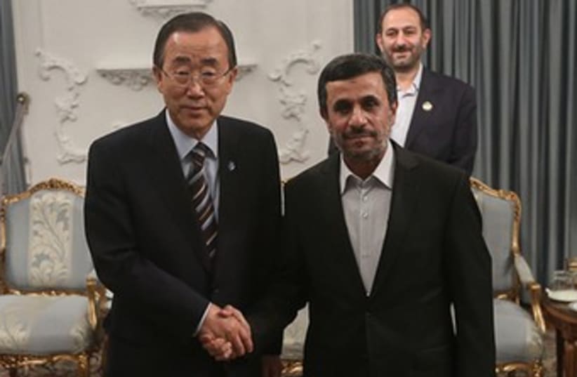 UN chief Ban Ki-moon, Iranian President Mahmoud Ahmadinejad  (photo credit: REUTERS)