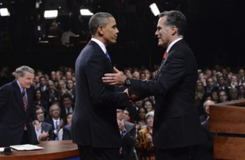 US President Obama with Mitt Romney at debate 370 (R) (photo credit: reuters / pool)