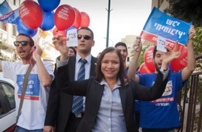 Shelly Yacimovich outside polls on Election Day 370 (photo credit: Courtesy Labor)