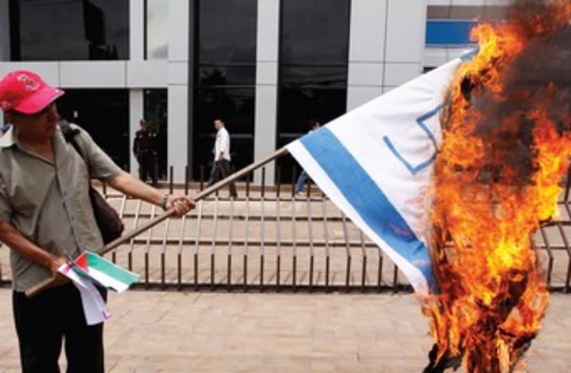 Protester burns Israeli flag with swastika on it 370 (photo credit: REUTERS)