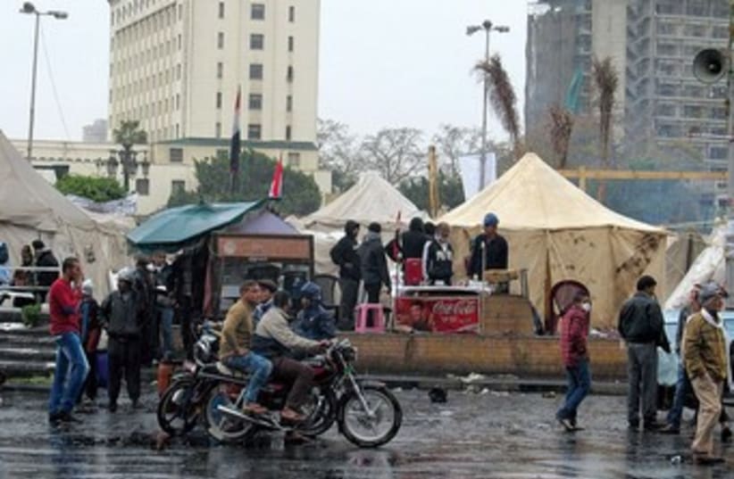 Ratty tents at rainy Tahrir Square in Cairo 370 (photo credit: MELANIE LIDMAN)