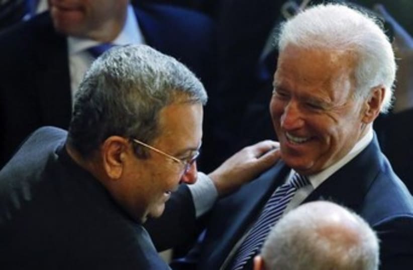 Barak meeting Biden 370 (photo credit: REUTERS/Michael Dalder)