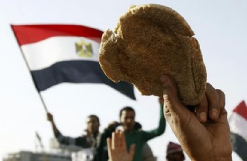 Egyptian holds a loaf of bread in Tahrir 370 (photo credit: REUTERS/Mohamed Abd El Ghany)