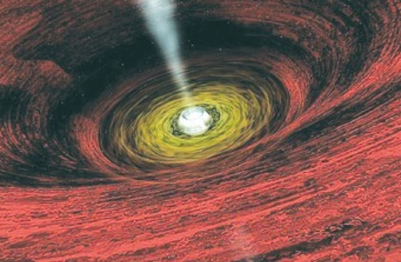GIANT BLACK hole in the center of a far-off galaxy 370 (photo credit: Drawing, Courtesy NASA)