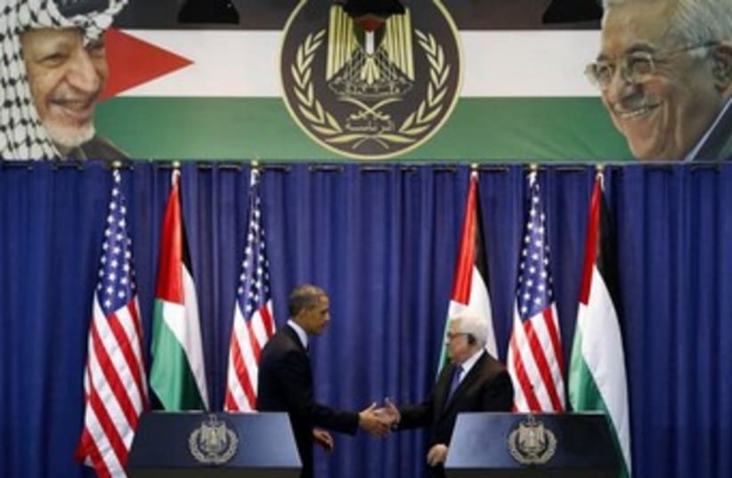 PA President Mahmoud Abbas and US President Barack Obama (photo credit: REUTERS/Larry Downing)
