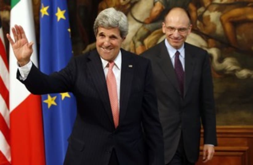 US Secretary of State Kerry flanked by Italian PM Lettta 37 (photo credit: REUTERS)