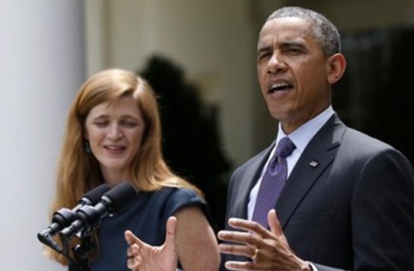 Samantha Power with Obama 370 (photo credit: REUTERS)