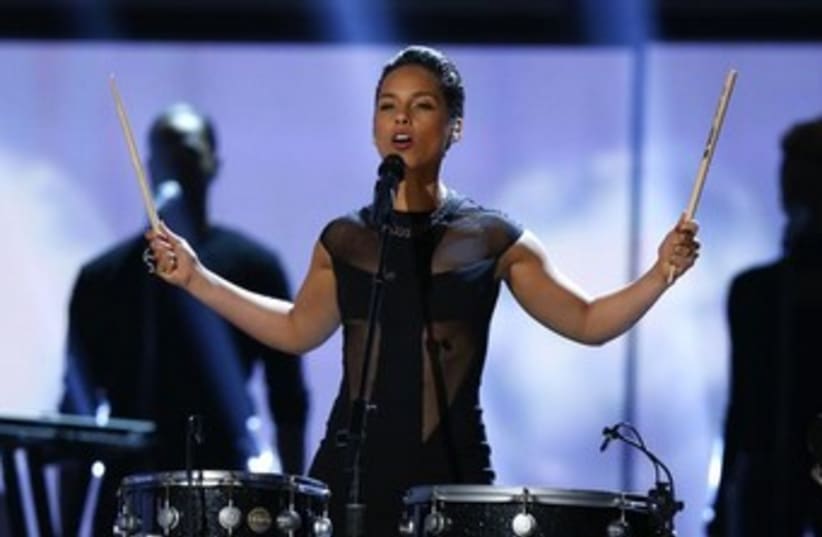 Singer Alicia Keys at Grammys drum sticks 370 (photo credit: REUTERS/Mike Blake)