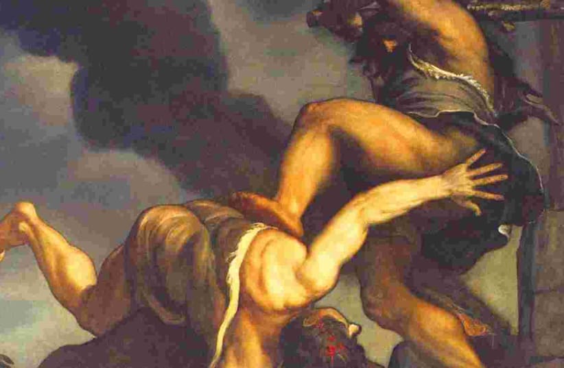 Oil painting of ‘Cain and Abel’ by Titian, 1544 (photo credit: Wikipainting.org)