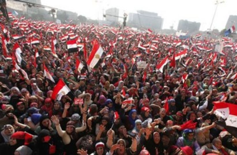 Protesters against Egyptian President Mohamed Morsi wave 370 (photo credit: REUTERS)