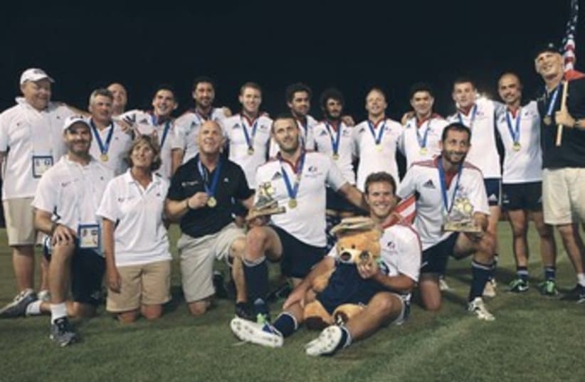 Team USA celebrating its rugby medal at Maccabiah 370 (photo credit: Courtesy)