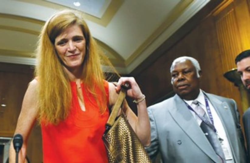 Samantha power in red dress 370 (photo credit: REUTERS)