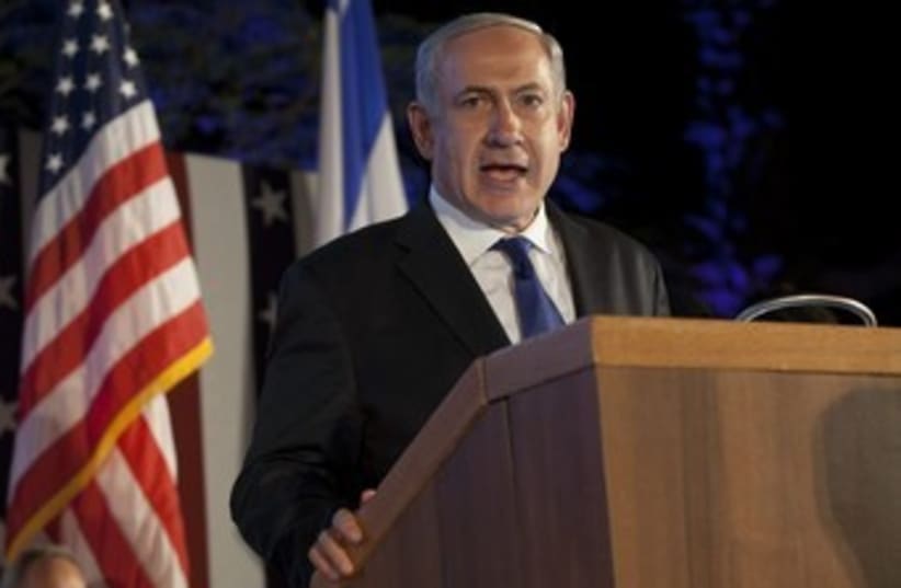 Netanyahu with American, Israeli flag USE THIS ONE390 (photo credit: מוטי מילרוד )