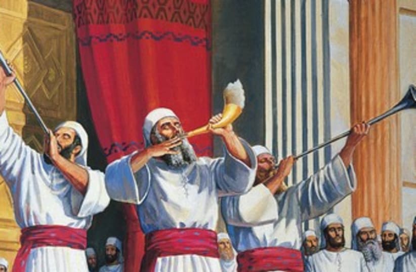 Painting Cohen blowing shofar in Holy Temple 370 (photo credit: (Courtesy The Temple Institute))