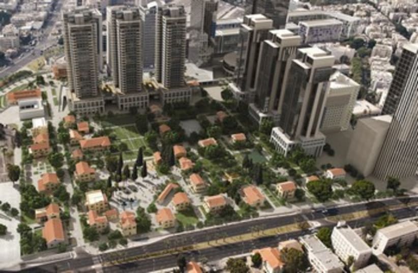 A render showing a renovated Sarona, surrounding development (photo credit: VIEW POINT)