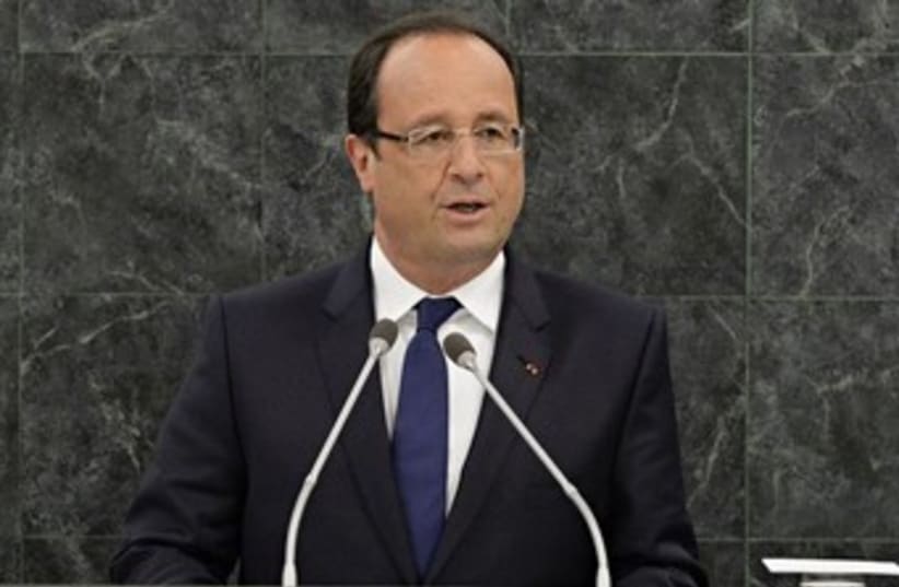 Francois Hollande addressing UN 370 (photo credit: REUTERS/Andrew Burton/Pool)