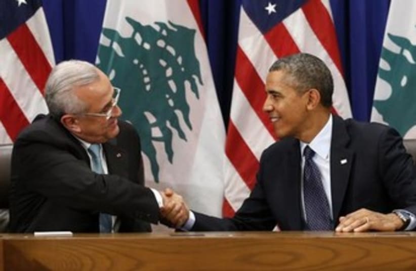 Obama with Lebanon president Sleiman 370 (photo credit: REUTERS/Kevin Lamarque)
