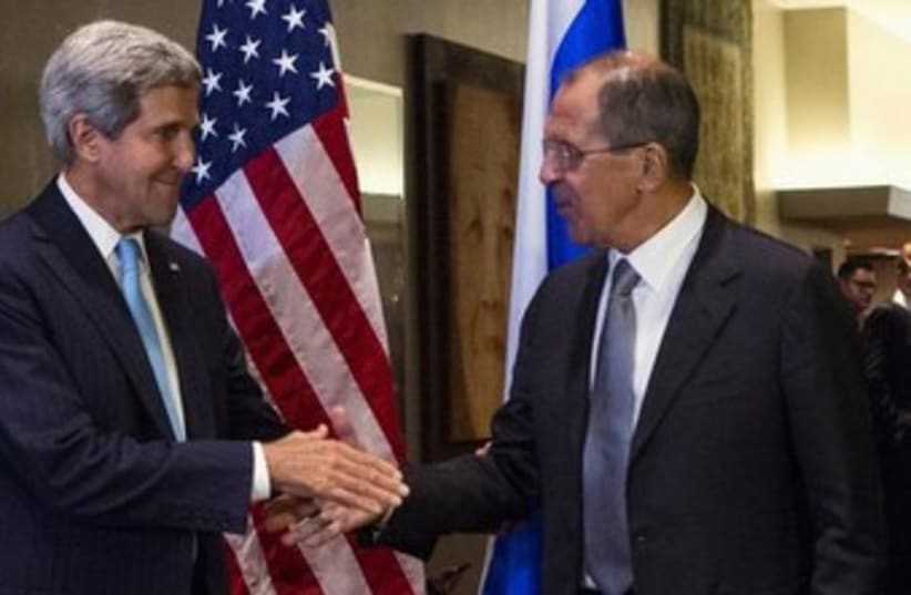 John Kerry and Sergey Lavrov at UN 370 (photo credit: REUTERS/Eric Thayer)